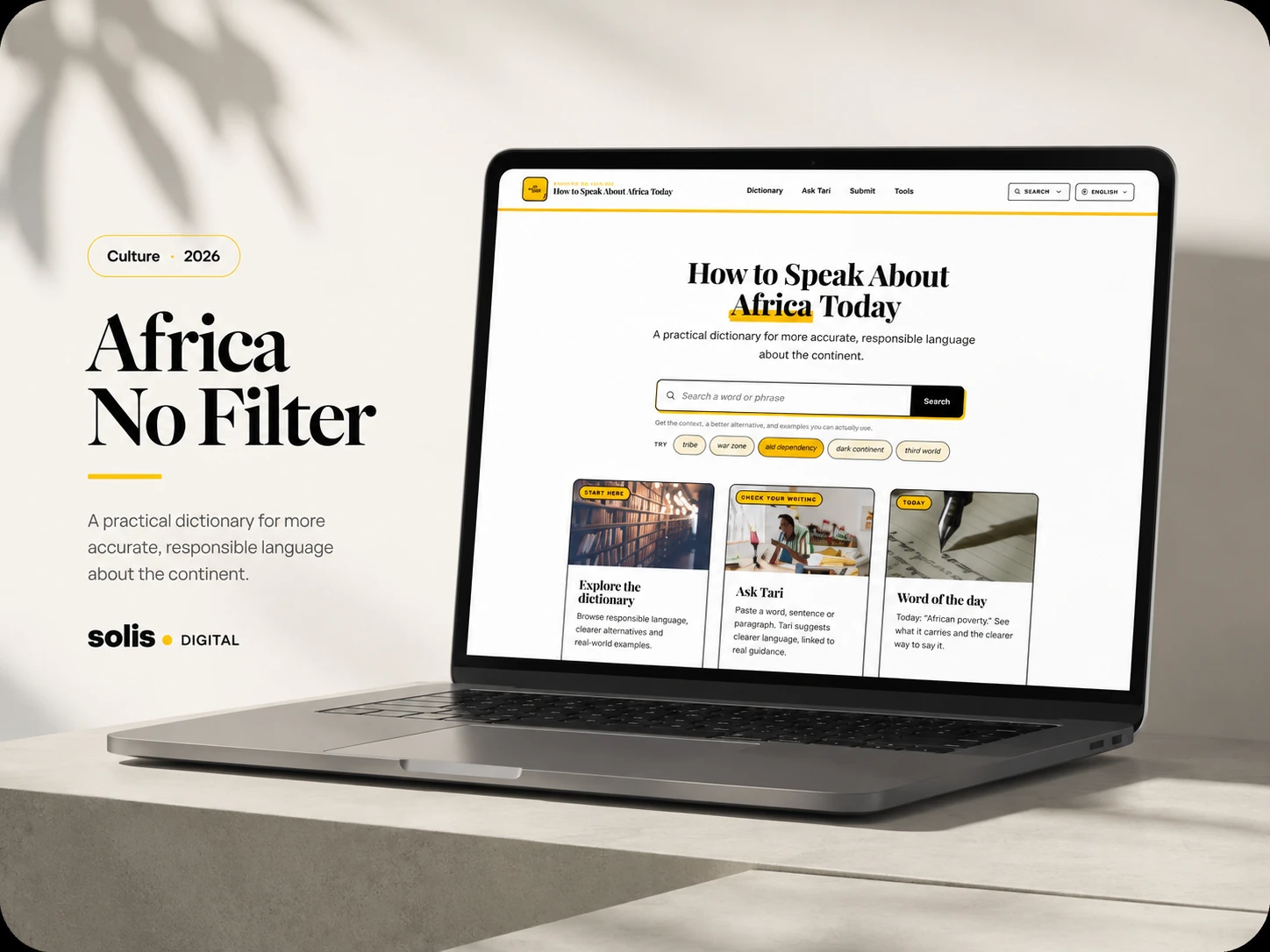 The Africa No Filter dictionary website designed and built by Solis Digital